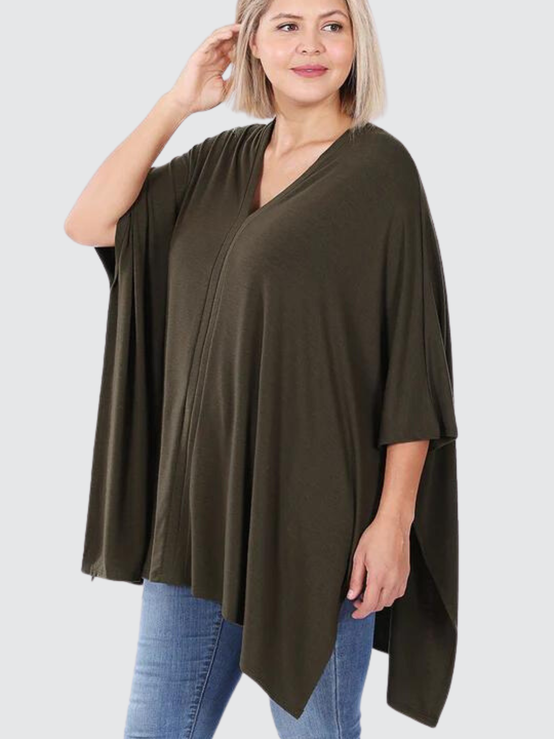 V-Neck Poncho-Olive Green