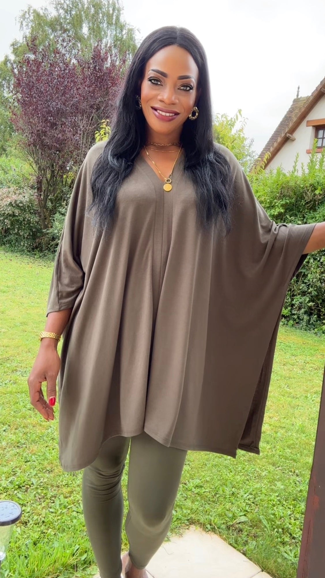 V-Neck Poncho-Olive Green
