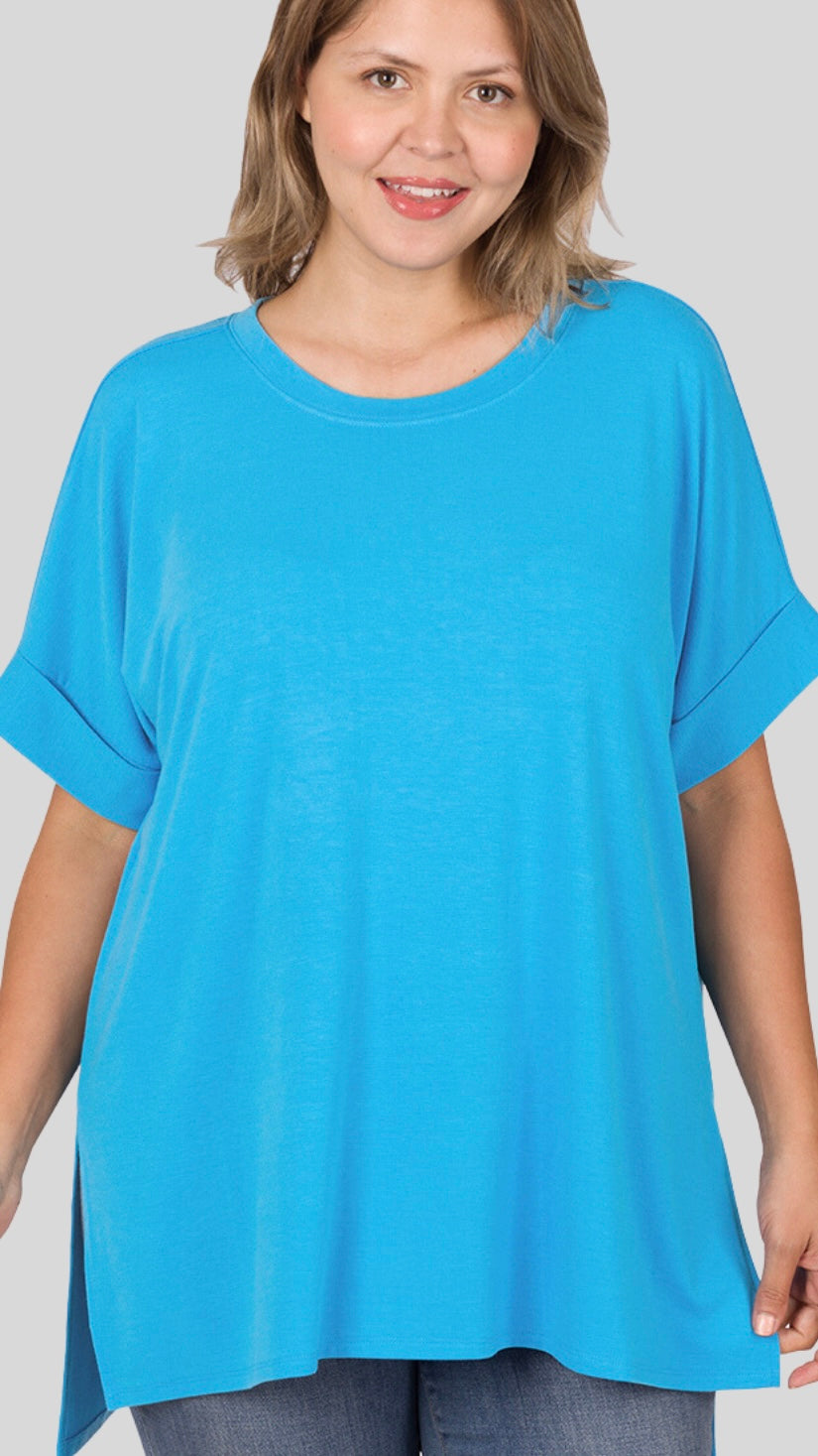 Folded Sleeve Side Slit T-Shirt