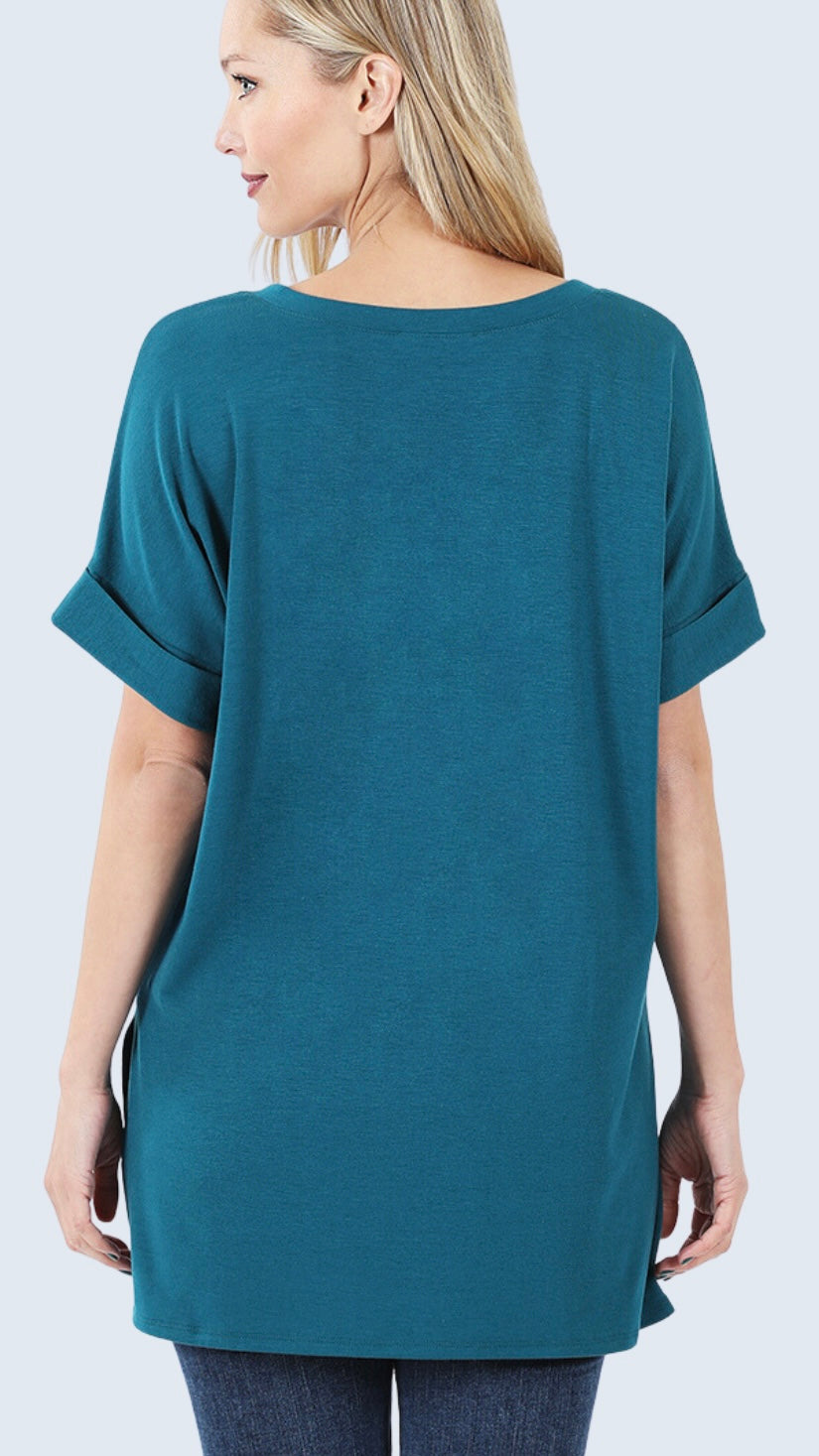Folded Sleeve Side Slit T-Shirt