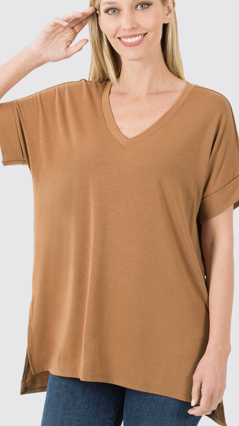 Folded Sleeve Side Slit T-Shirt
