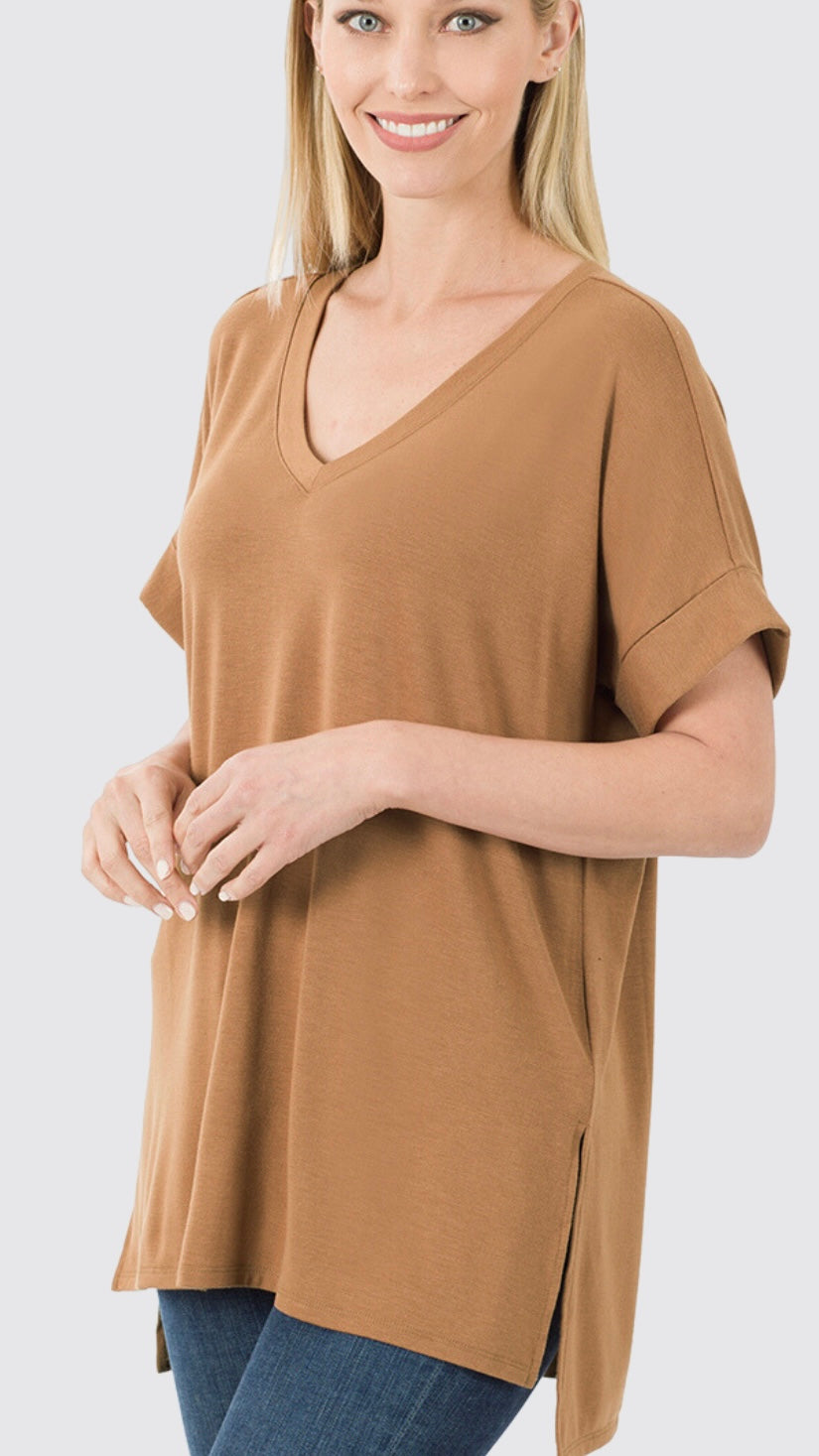 Folded Sleeve Side Slit T-Shirt