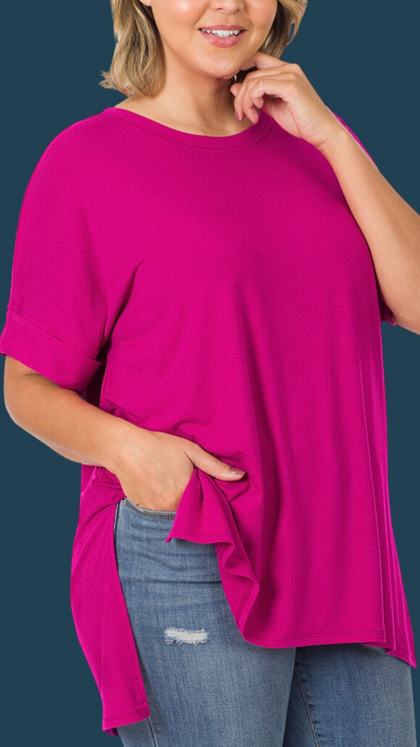 Folded Sleeve Side Slit T-Shirt