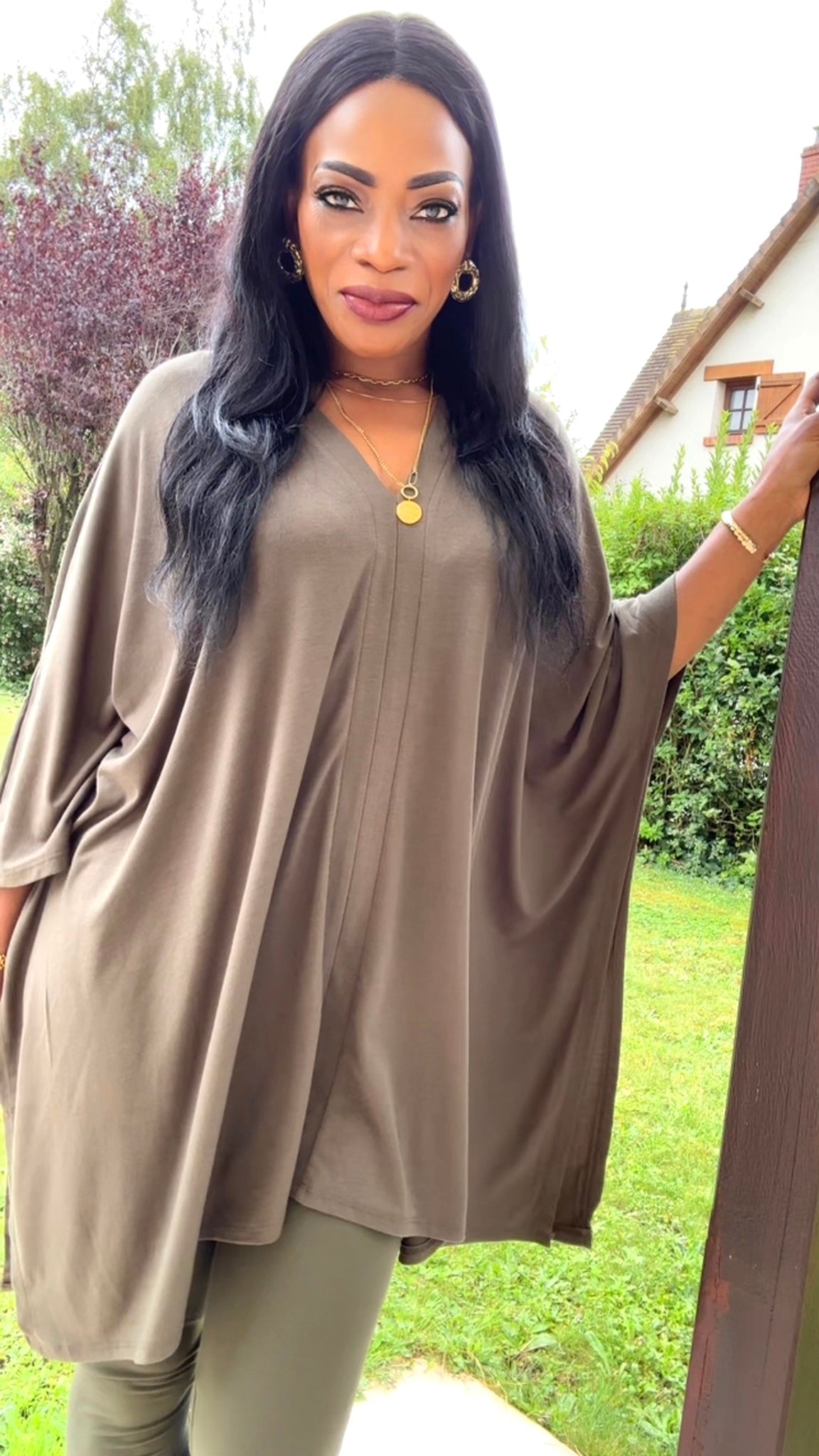 V-Neck Poncho-Olive Green