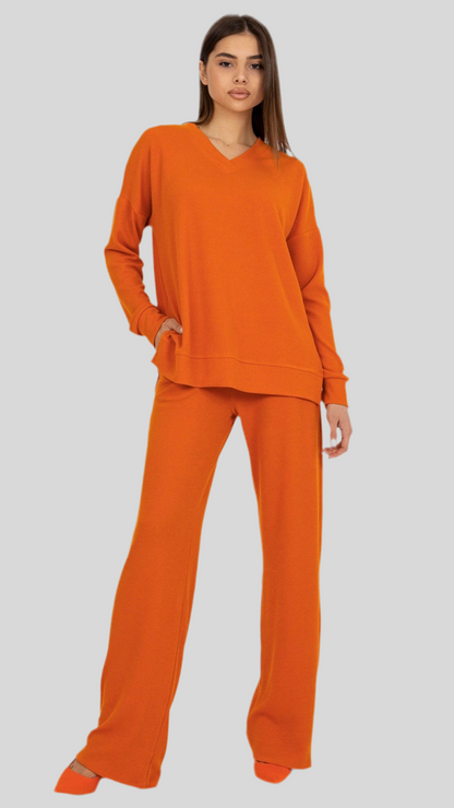 Ensemble décontracté surdimensionné côtelé sweat + pantalon orange