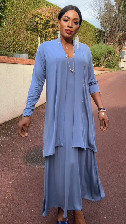 Ensemble gilet mi-long &amp; robe bleu gris