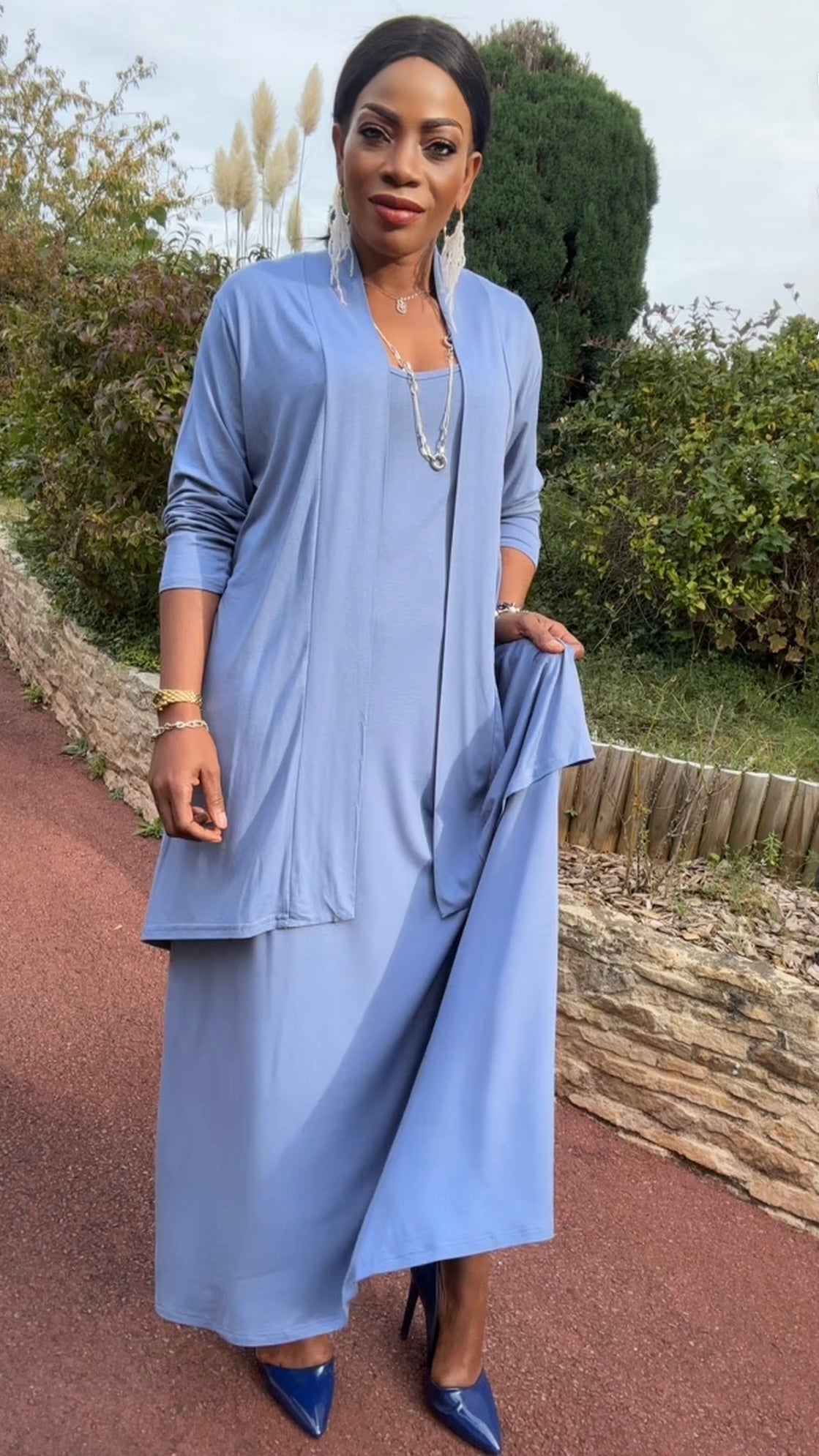 Ensemble gilet mi-long &amp; robe bleu gris