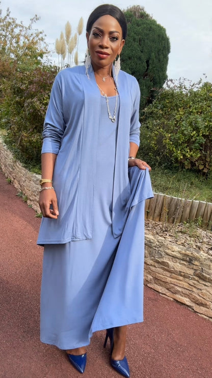Ensemble gilet mi-long &amp; robe bleu gris