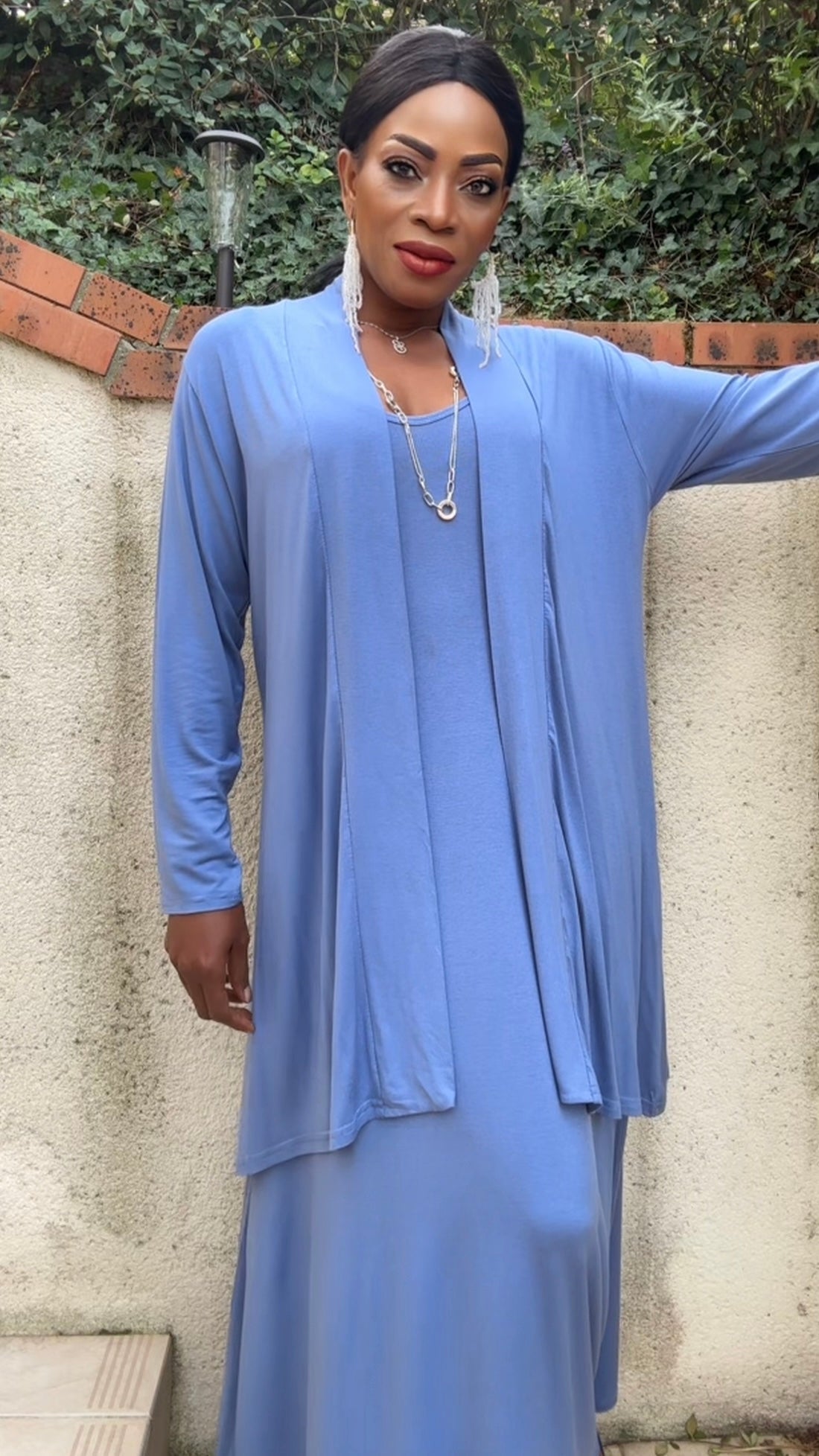 Ensemble gilet mi-long &amp; robe bleu gris