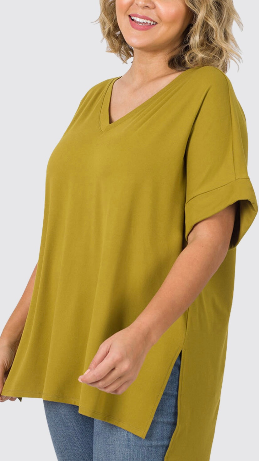 Folded Sleeve Side Slit T-Shirt