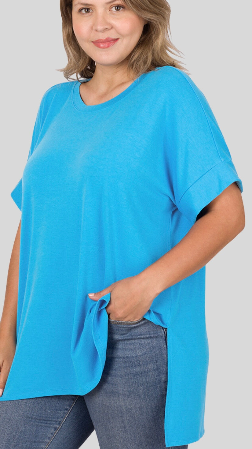 Folded Sleeve Side Slit T-Shirt