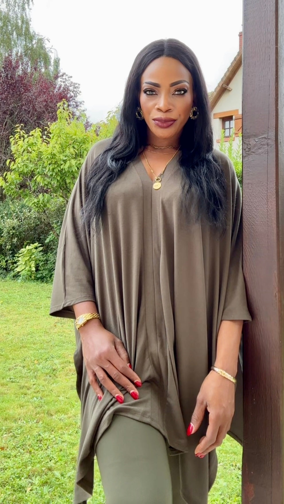 V-Neck Poncho-Olive Green