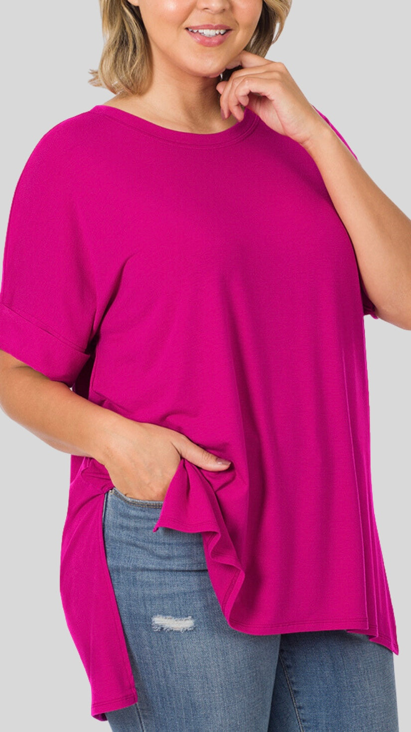 Folded Sleeve Side Slit T-Shirt
